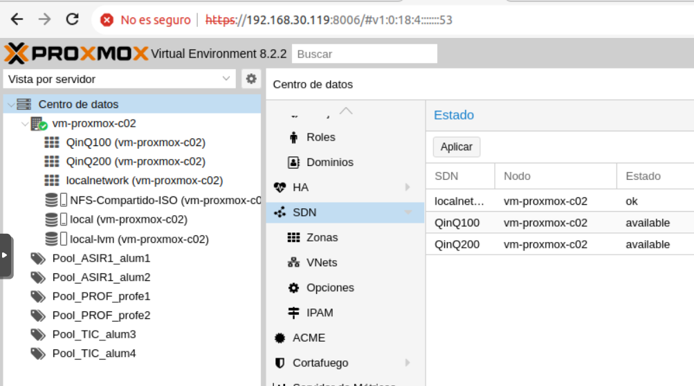 Creación de las dos QinQ en el nodo 2 de Proxmox al igual que hemos hecho en el nodo 1